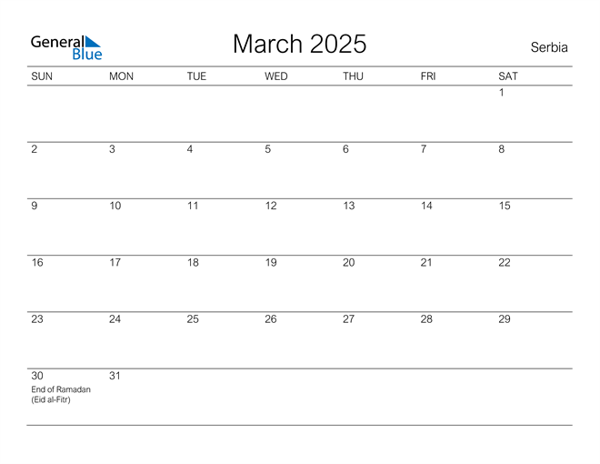 Printable March 2025 Calendar for Serbia