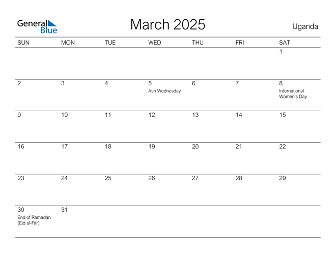 Uganda March 2025 Calendar with Holidays