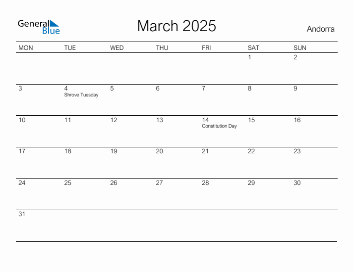 Printable March 2025 Calendar for Andorra