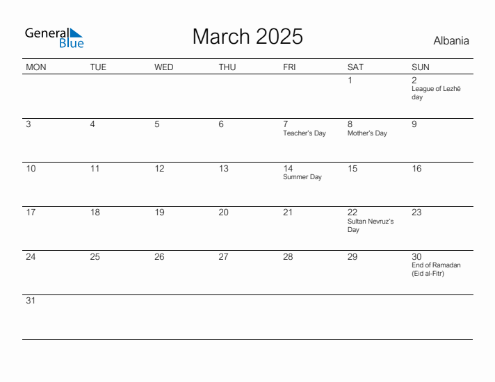 Printable March 2025 Calendar for Albania