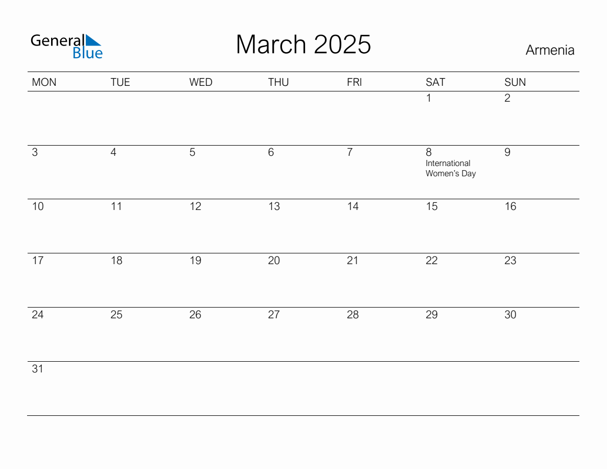 Printable March 2025 Monthly Calendar with Holidays for Armenia