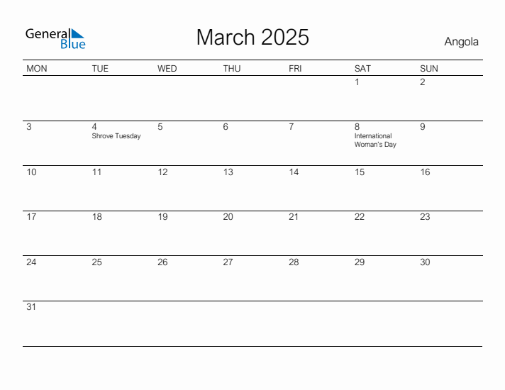 Printable March 2025 Calendar for Angola