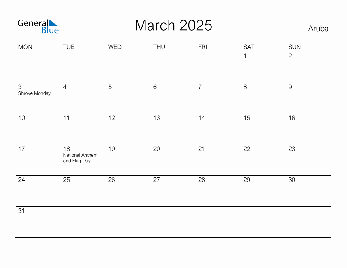 Printable March 2025 Monthly Calendar with Holidays for Aruba