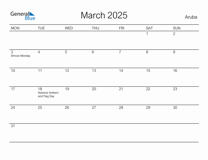 Printable March 2025 Calendar for Aruba