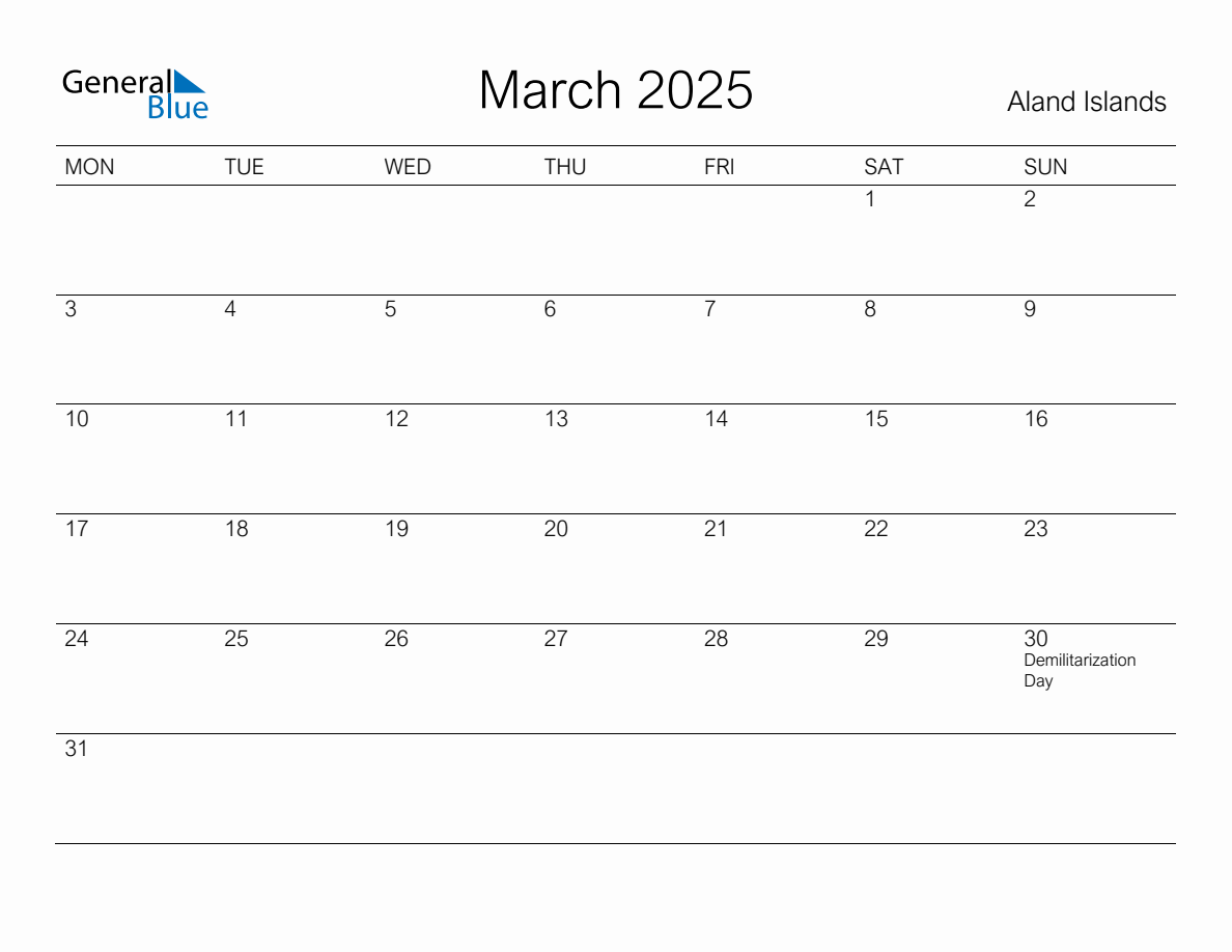 Printable March 2025 Monthly Calendar with Holidays for Aland Islands