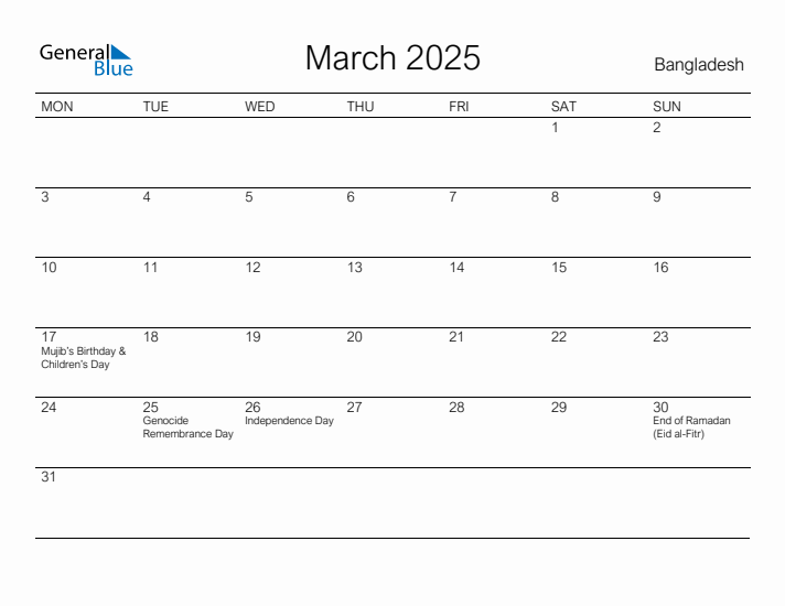 Printable March 2025 Calendar for Bangladesh