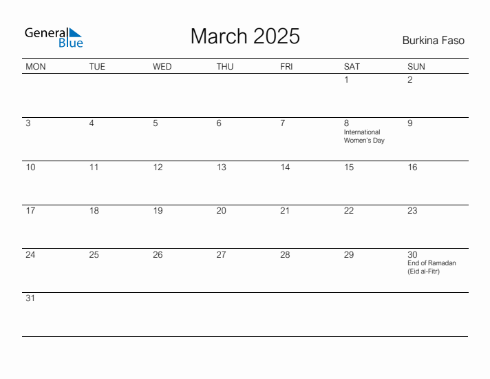 Printable March 2025 Calendar for Burkina Faso