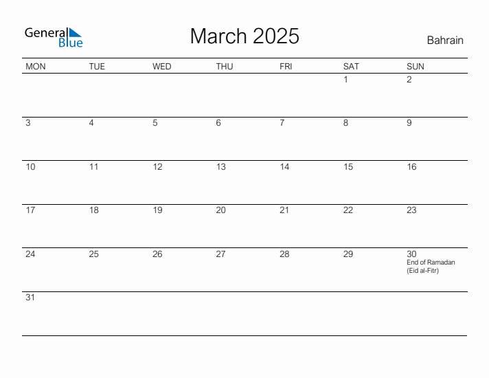 Printable March 2025 Calendar for Bahrain
