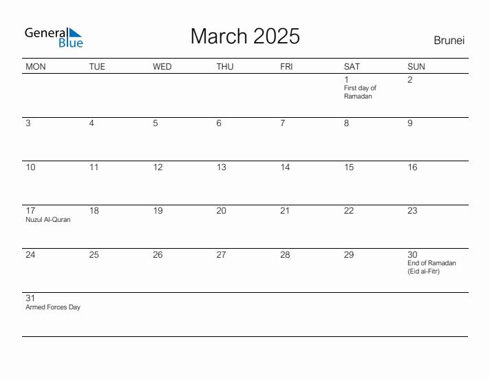 Printable March 2025 Calendar for Brunei