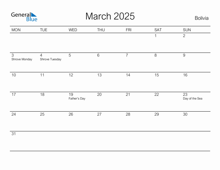 Printable March 2025 Calendar for Bolivia