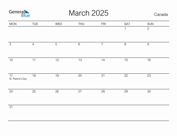 Printable March 2025 Monthly Calendar with Holidays for Canada