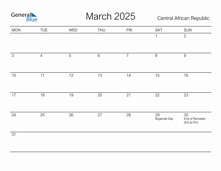 Printable March 2025 Calendar for Central African Republic