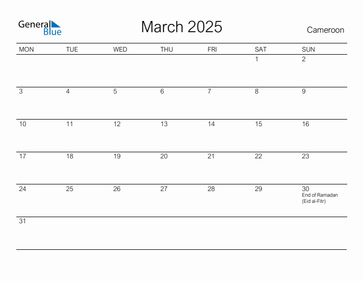 Printable March 2025 Calendar for Cameroon