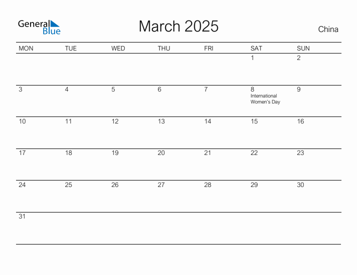 Printable March 2025 Calendar for China
