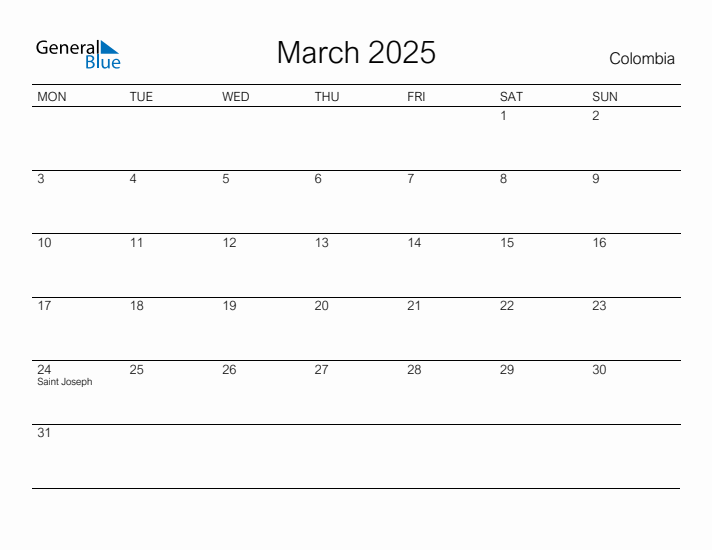 Printable March 2025 Calendar for Colombia