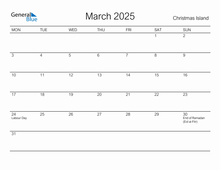 Printable March 2025 Calendar for Christmas Island