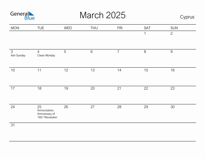 Printable March 2025 Calendar for Cyprus