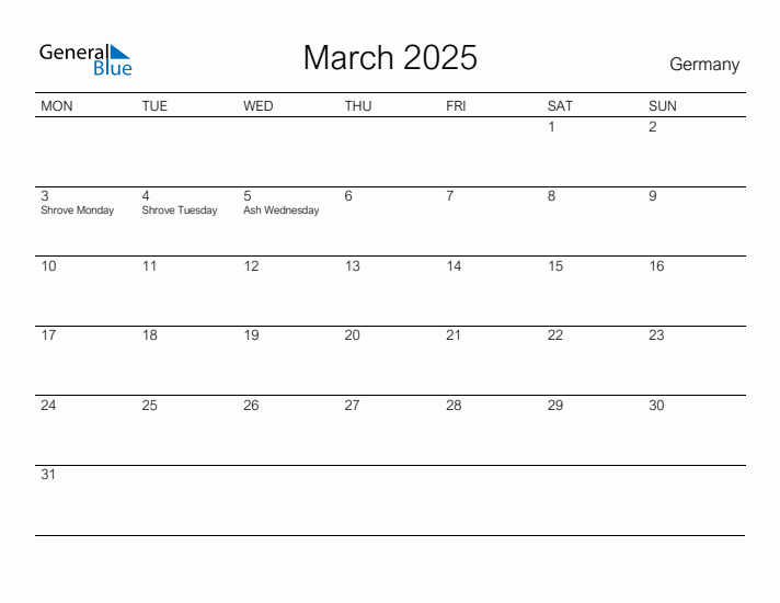 Printable March 2025 Calendar for Germany