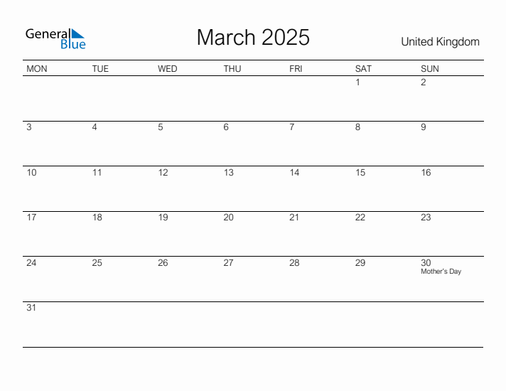 Printable March 2025 Monthly Calendar with Holidays for United Kingdom