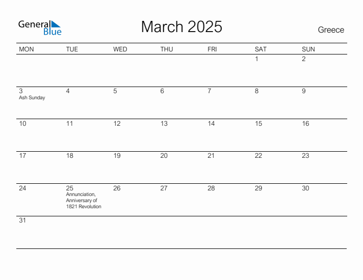 Printable March 2025 Calendar for Greece
