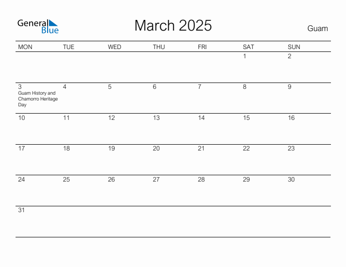 Printable March 2025 Calendar for Guam