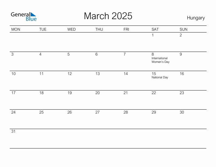 Printable March 2025 Calendar for Hungary