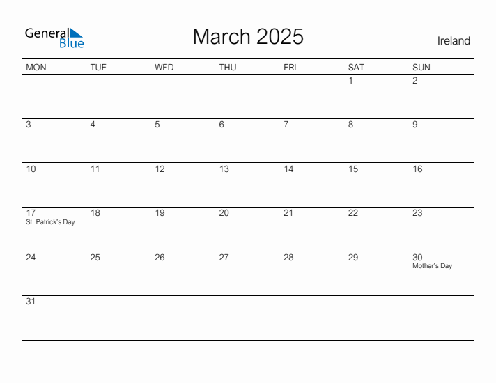 Printable March 2025 Calendar for Ireland