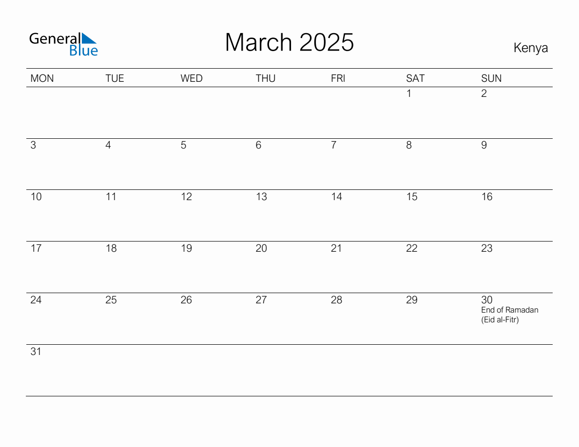 Printable March 2025 Monthly Calendar with Holidays for Kenya