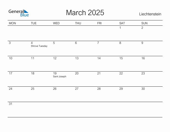 Printable March 2025 Calendar for Liechtenstein