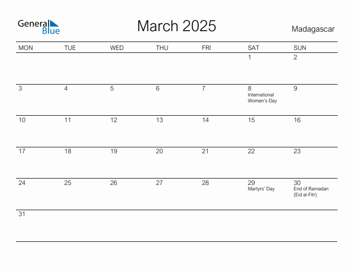Printable March 2025 Calendar for Madagascar