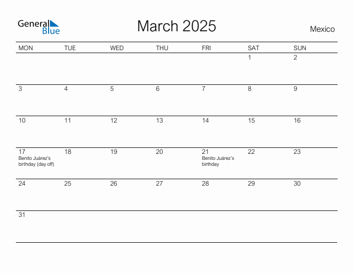 Printable March 2025 Calendar for Mexico