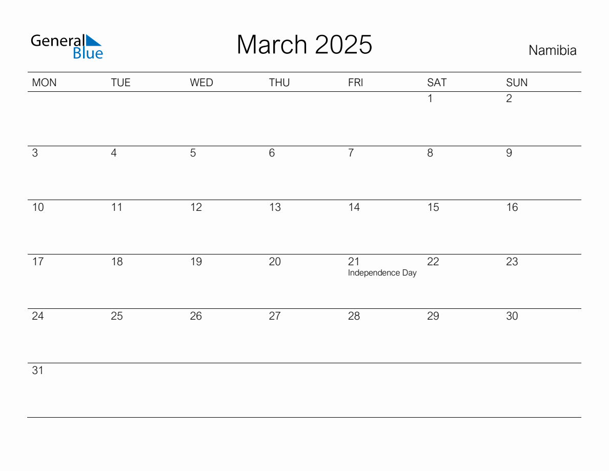 Printable March 2025 Monthly Calendar with Holidays for Namibia