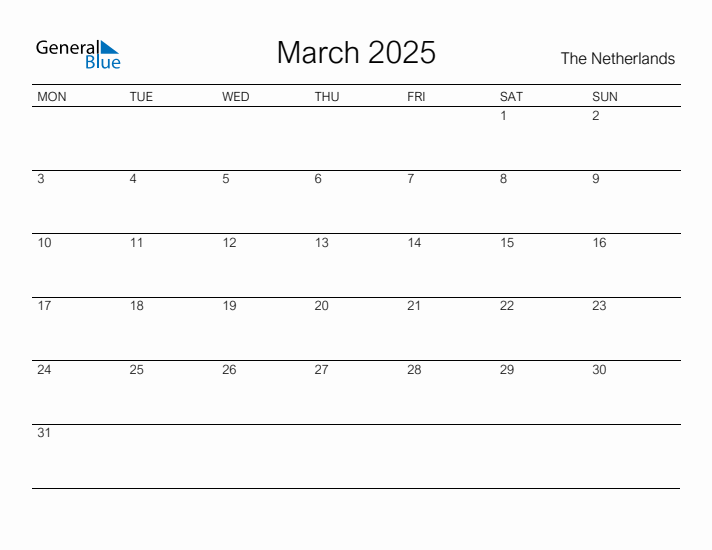 Printable March 2025 Calendar for The Netherlands