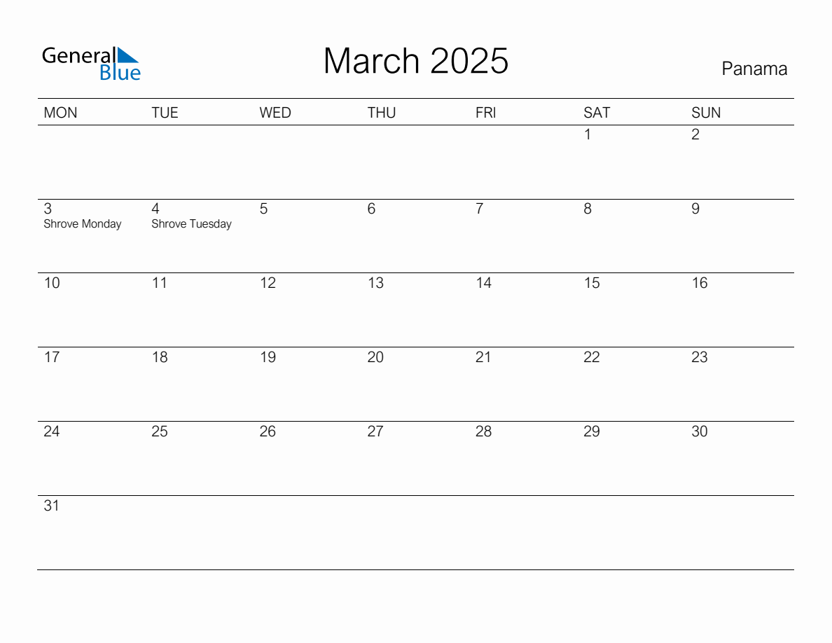 Printable March 2025 Monthly Calendar with Holidays for Panama