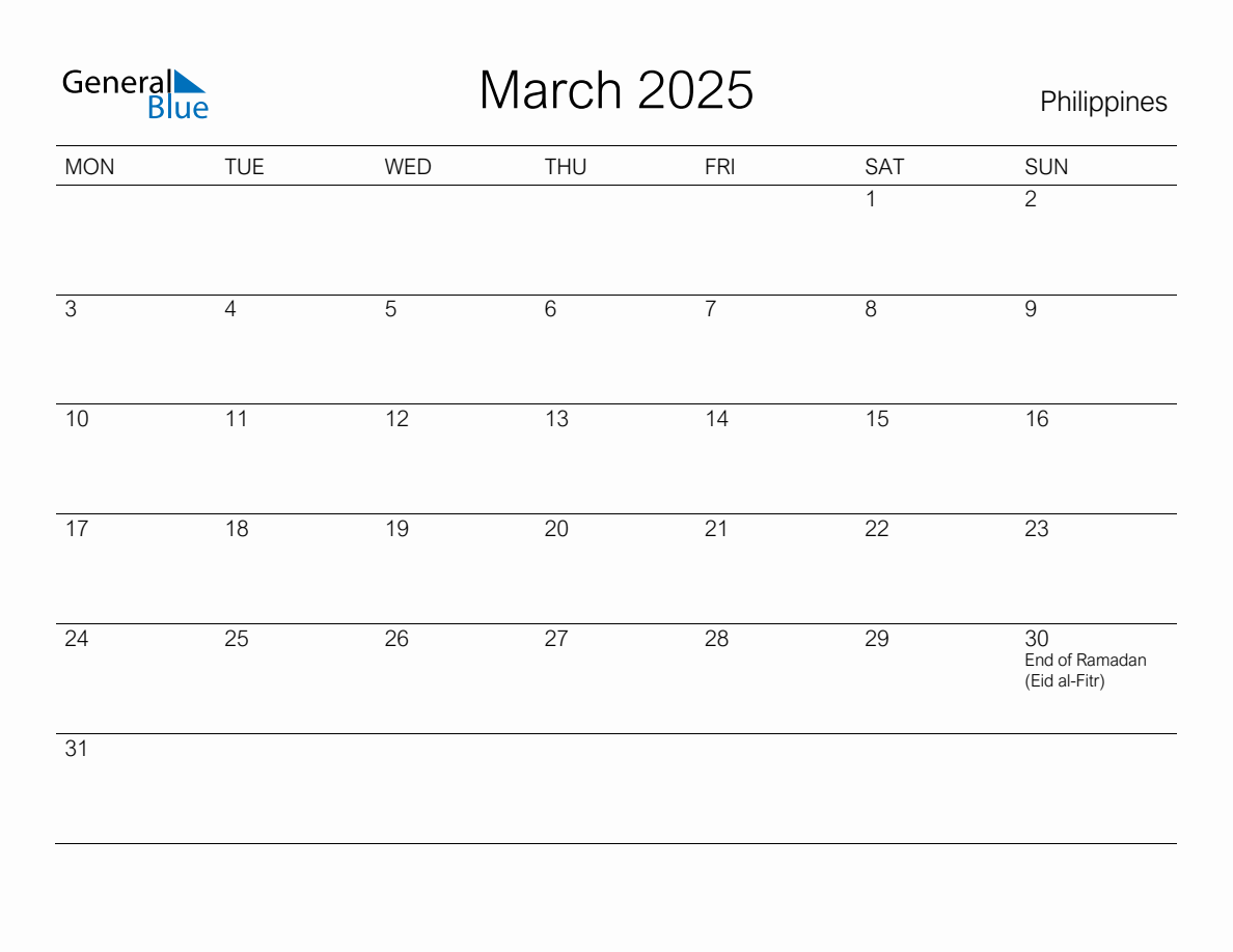 Printable March 2025 Monthly Calendar with Holidays for Philippines