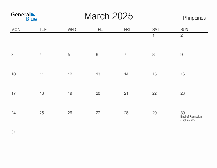 Printable March 2025 Calendar for Philippines