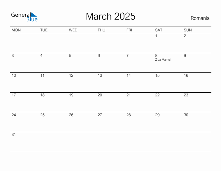 Printable March 2025 Calendar for Romania