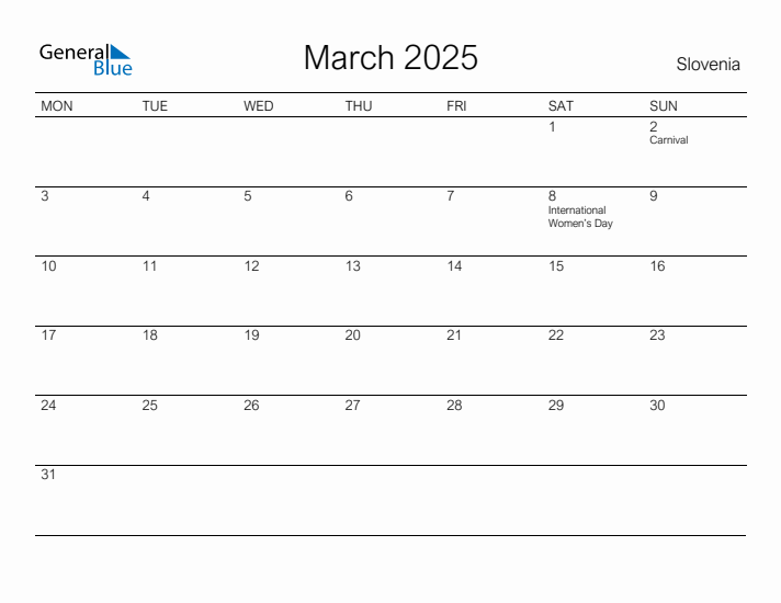 Printable March 2025 Calendar for Slovenia