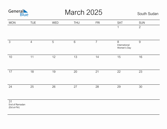 Printable March 2025 Calendar for South Sudan