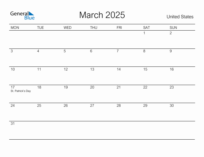 Printable March 2025 Monthly Calendar with Holidays for United States