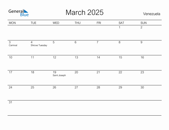 Printable March 2025 Calendar for Venezuela