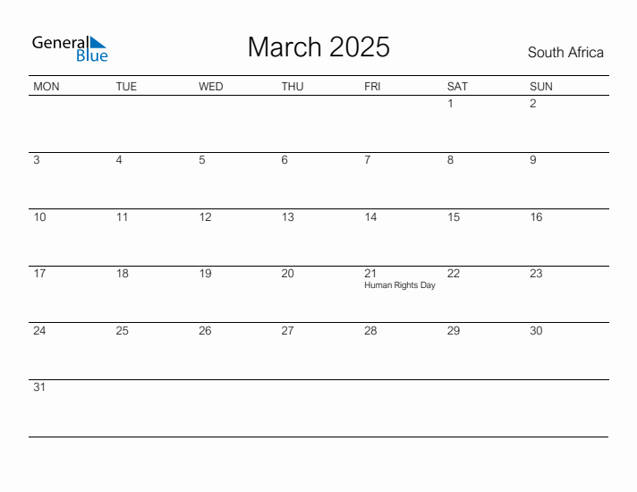 Printable March 2025 Calendar for South Africa