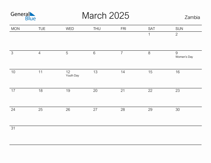 Printable March 2025 Calendar for Zambia