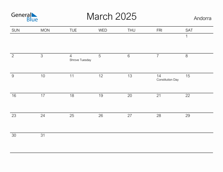 Printable March 2025 Calendar for Andorra