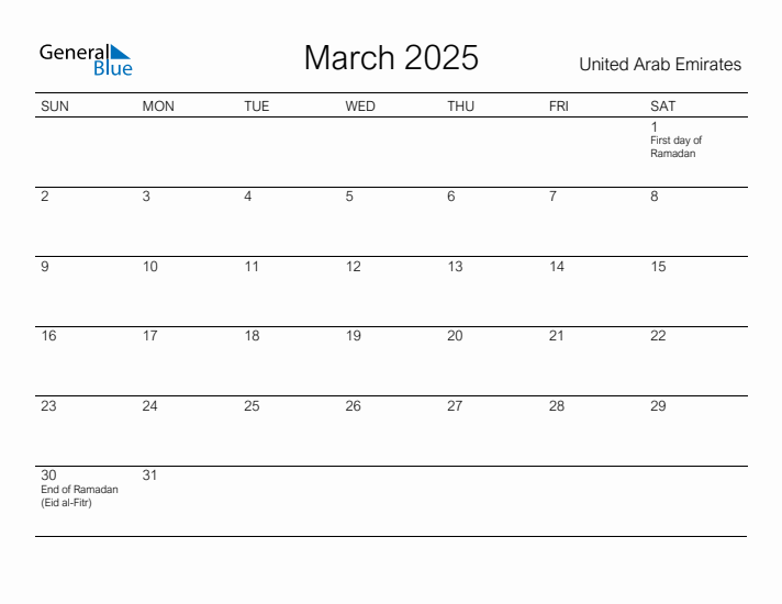 Printable March 2025 Calendar for United Arab Emirates