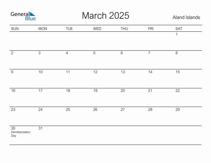 Printable March 2025 Calendar for Aland Islands