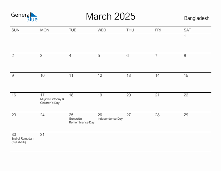 Printable March 2025 Calendar for Bangladesh