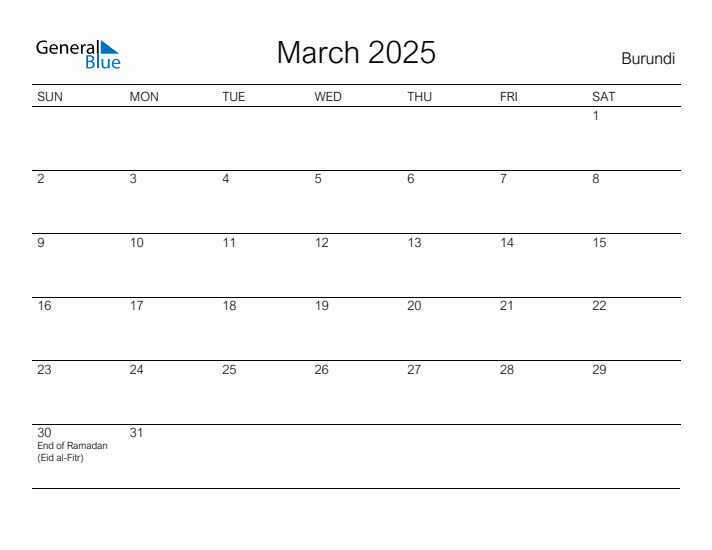Printable March 2025 Calendar for Burundi