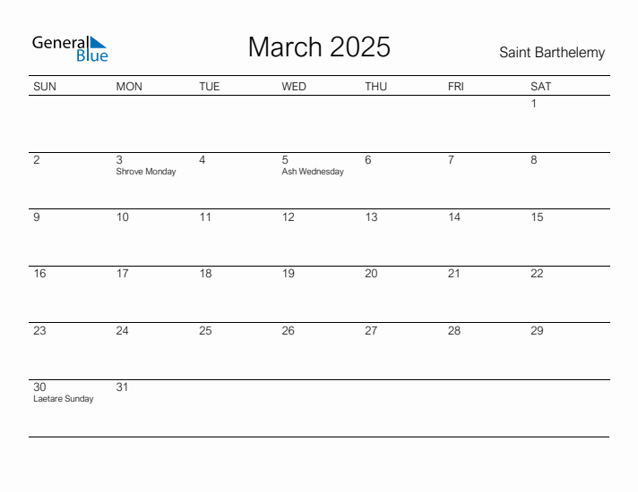 Printable March 2025 Calendar for Saint Barthelemy
