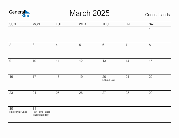 Printable March 2025 Calendar for Cocos Islands